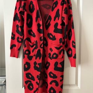 Red and Black Long Cardigan Sweater with Animal Print